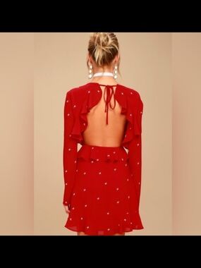 Lulu's Red Ruffled Open-Back Long-Sleeve Mini Dress